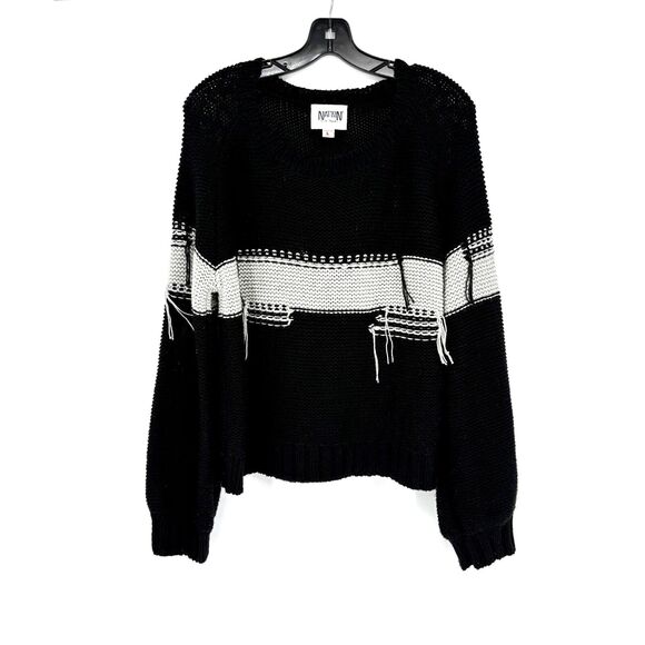 Nation LTD Puff Sleeve Crew Neck Black Sweater Gray Inside Out Stripe Large NWOT - Picture 5 of 7